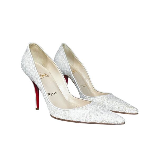 Christian Louboutin White Glitter Leather Pointed Toe Heels Pumps Size 36 - Picture 1 of 6
